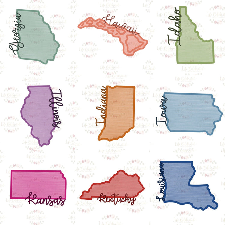 Georgia Hawaii Idaho Illinois Indiana Iowa Kansas Kentucky Louisiana State with Cursive Name Cookie Cutters