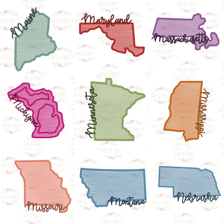 Maine Maryland Massachusetts Michigan Minnesota Mississippi Missouri Montana Nebraska State with Cursive Name Cookie Cutter