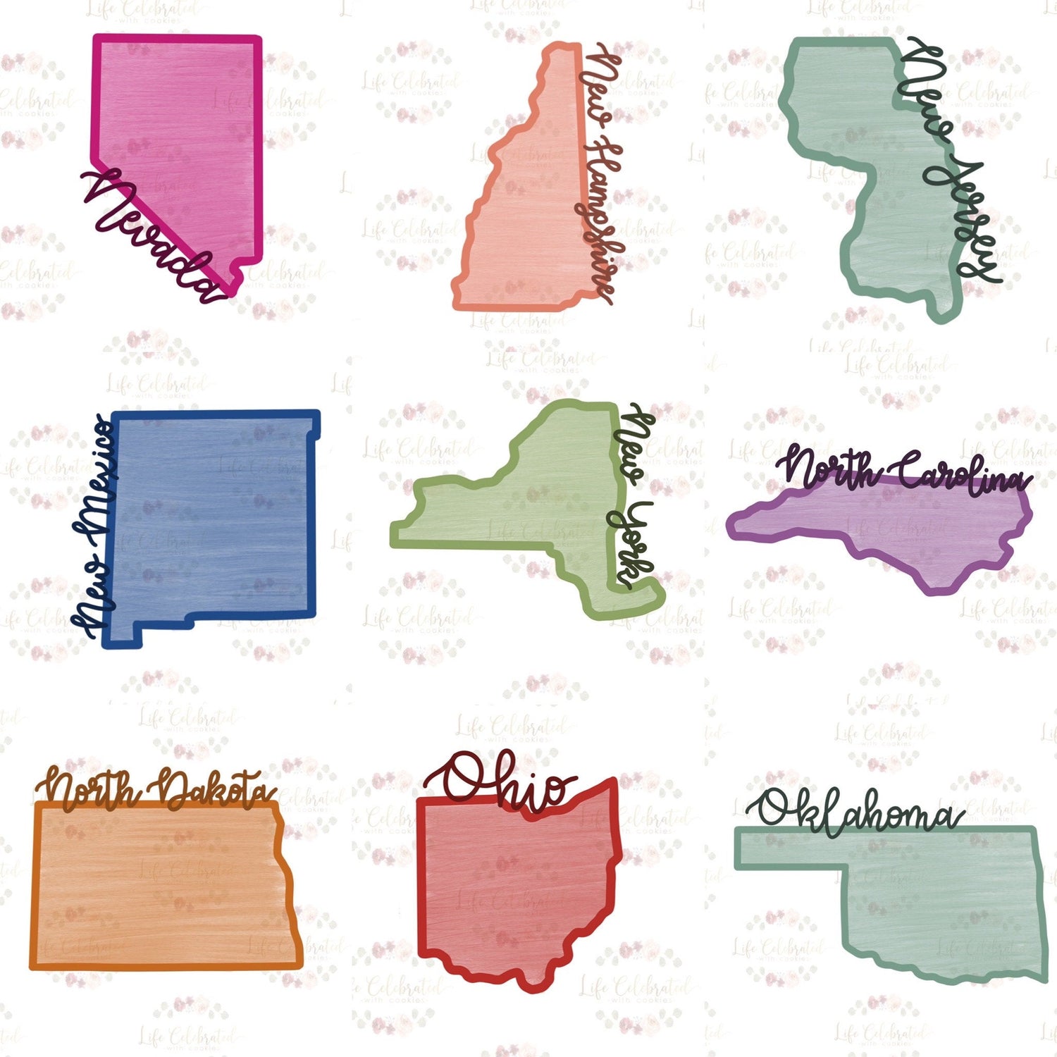 Nevada New Hampshire New Jersey New Mexico New York North Carolina North Dakota Ohio Oklahoma State with Cursive Name Cookie Cutters