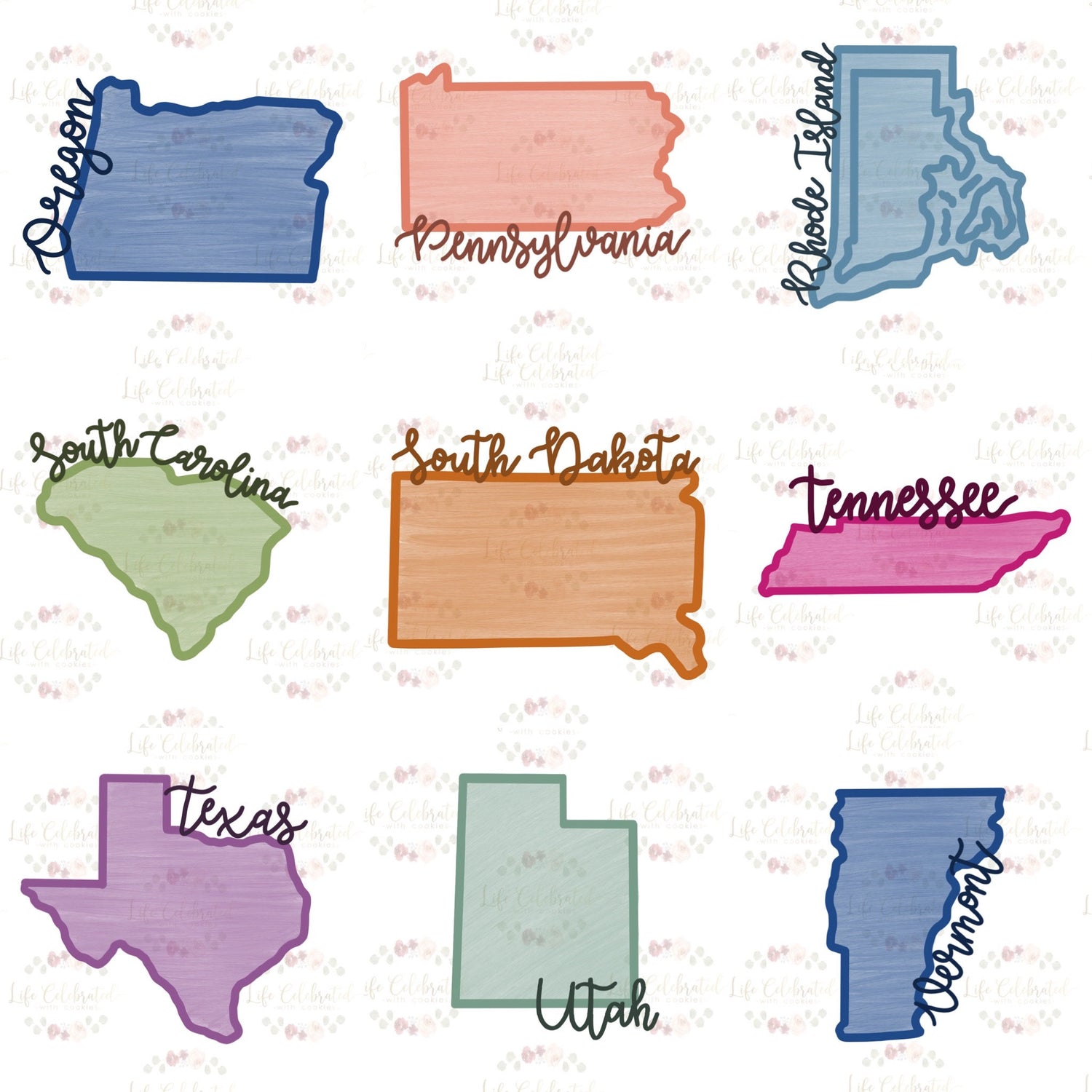 Oregon Pennsylvania Rhode Island South Carolina South Dakota Tennessee Texas Utah Vermont State with Cursive Name Cookie Cutters