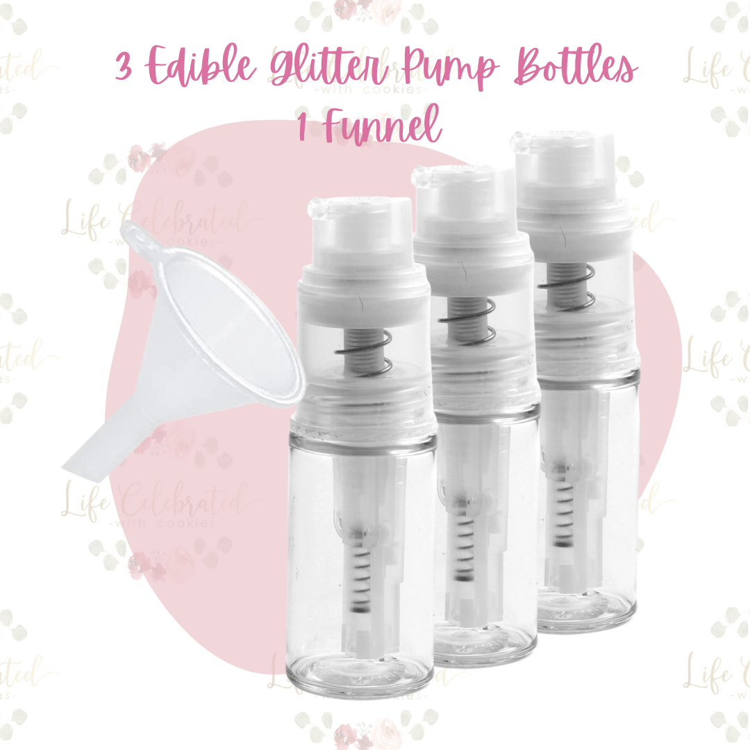 3 Edible Glitter Pump Bottles with Funnel Set