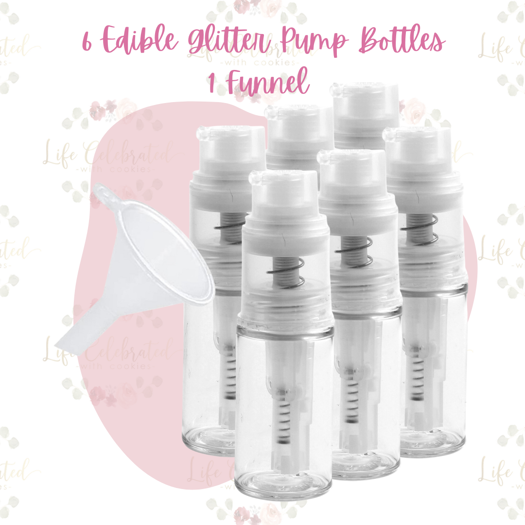6 Edible Glitter Pump Bottles with Funnel Set